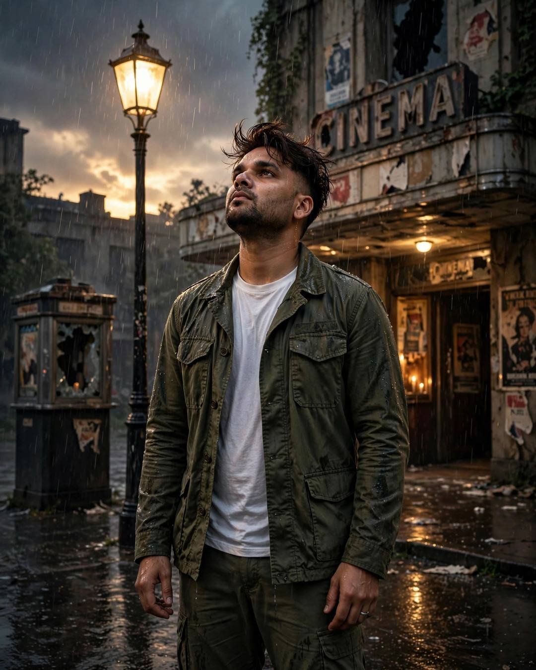 Man in olive field jacket with face lifted to the rain before an abandoned cinema