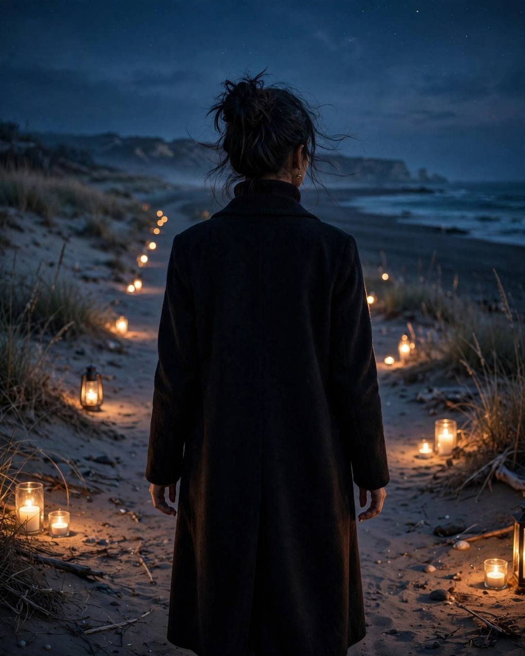 Woman in black coat walking away down a candlelit beach path at dusk