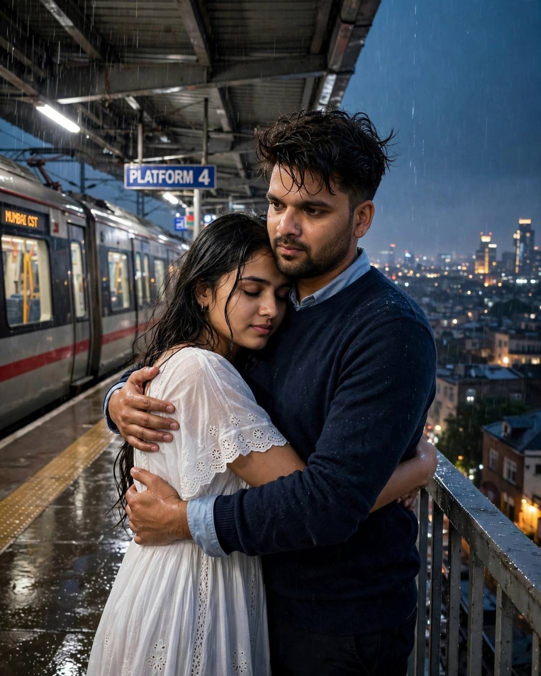 Couple embracing on a rain-wet railway platform beside a waiting train, city lights glowing through evening mist