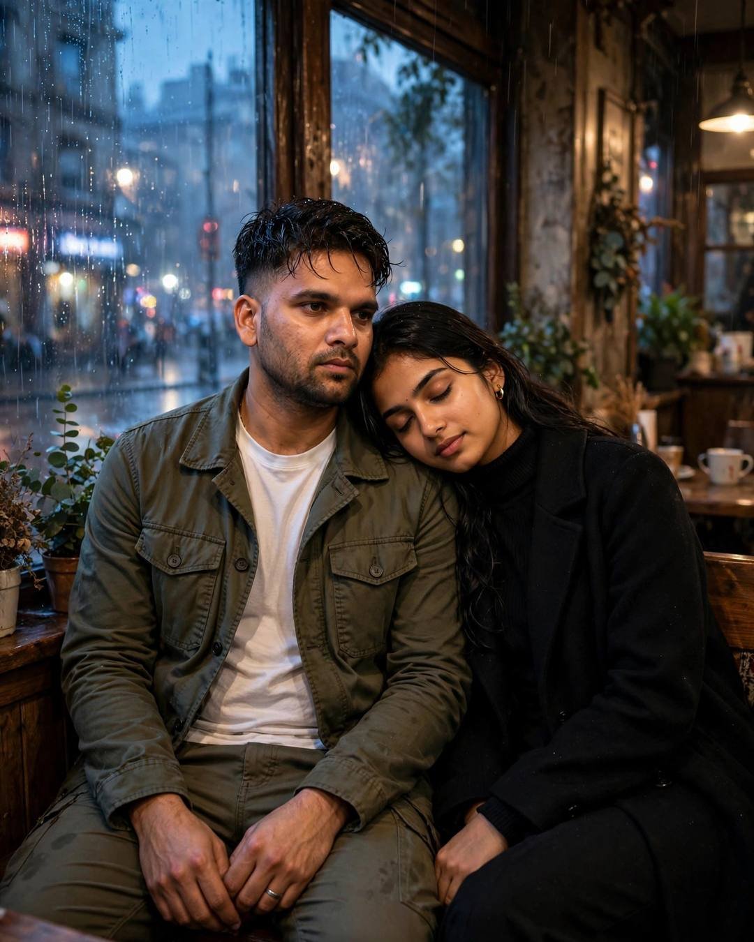 Couple seated close on a café bench, woman's head on man's shoulder, rain streaking a fogged window at blue hour