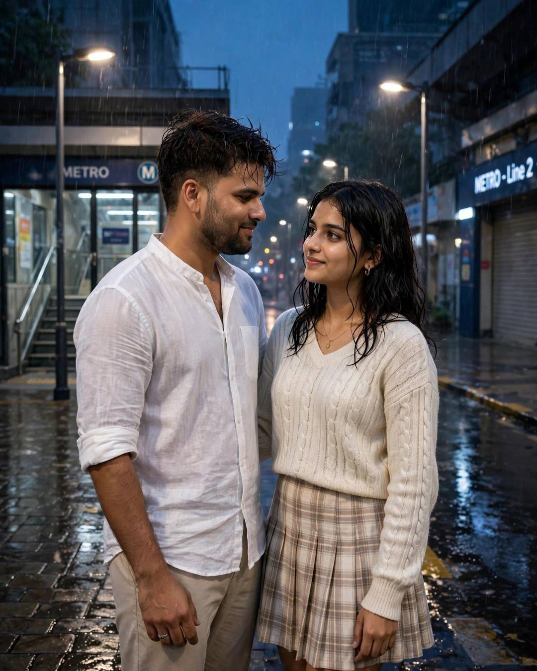 Young couple standing close on a rainy street at blue hour outside a metro station