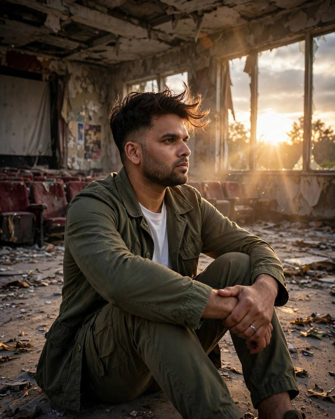 Young Indian man sitting alone in an abandoned cinema hall at sunset