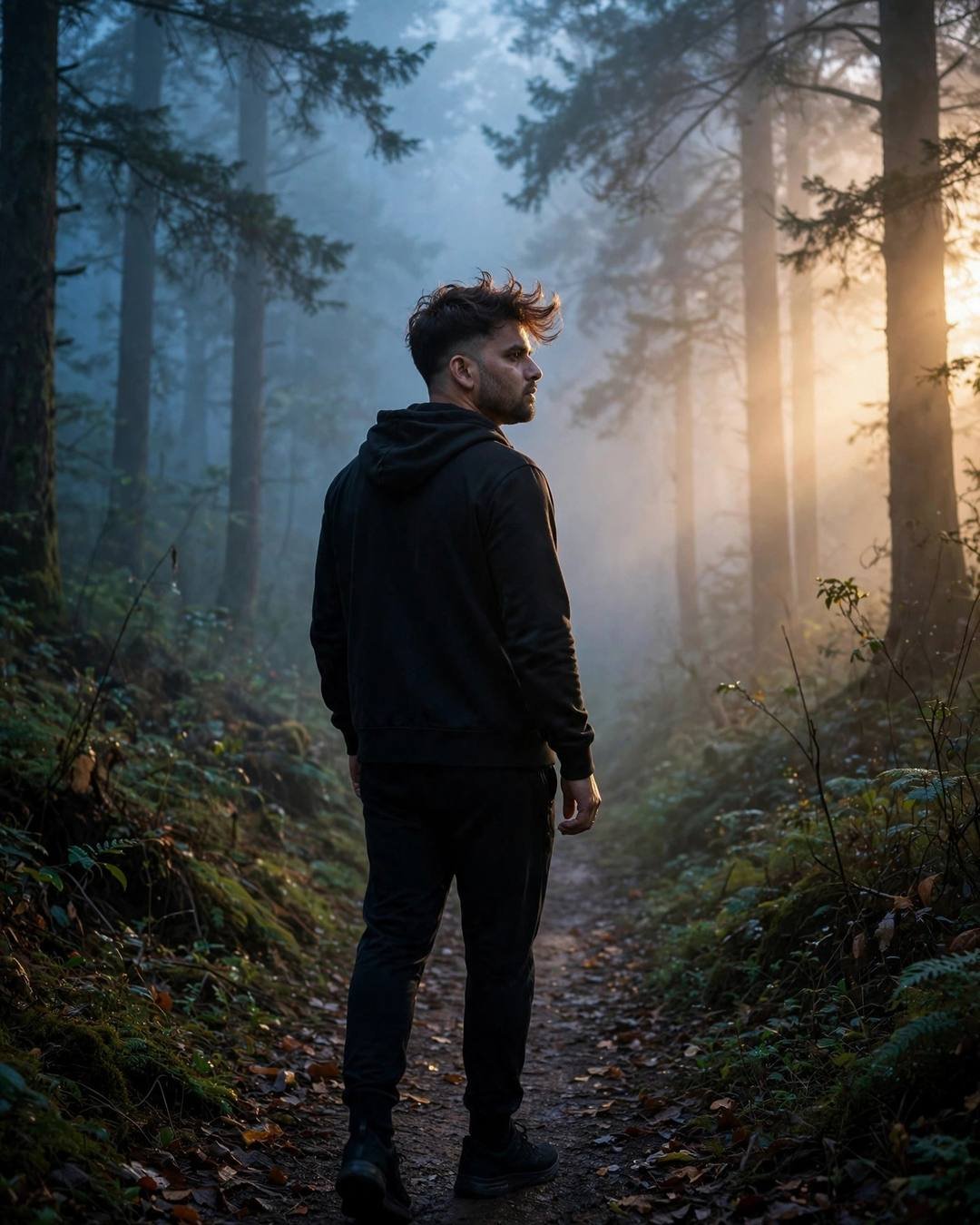 Young Indian man in black hoodie walking a misty forest path at blue hour
