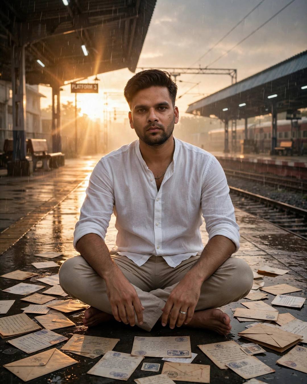 Young Indian man in a white linen shirt sitting cross-legged on a rainy railway platform surrounded by old letters at dawn