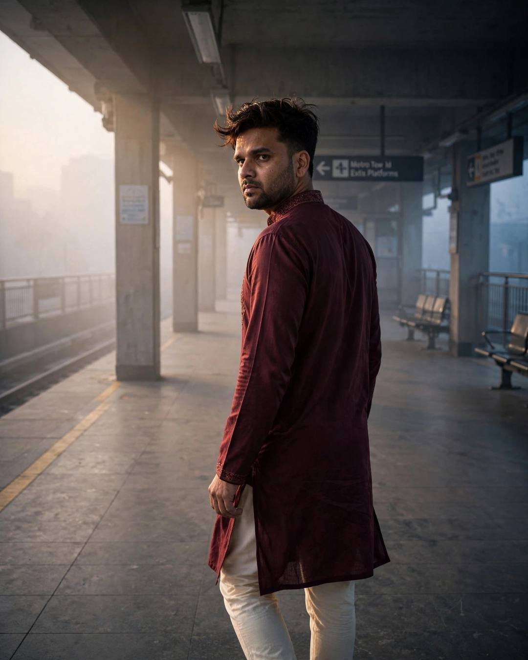 Young Indian man in a maroon kurta with cream churidar walking away through a foggy midnight metro station platform