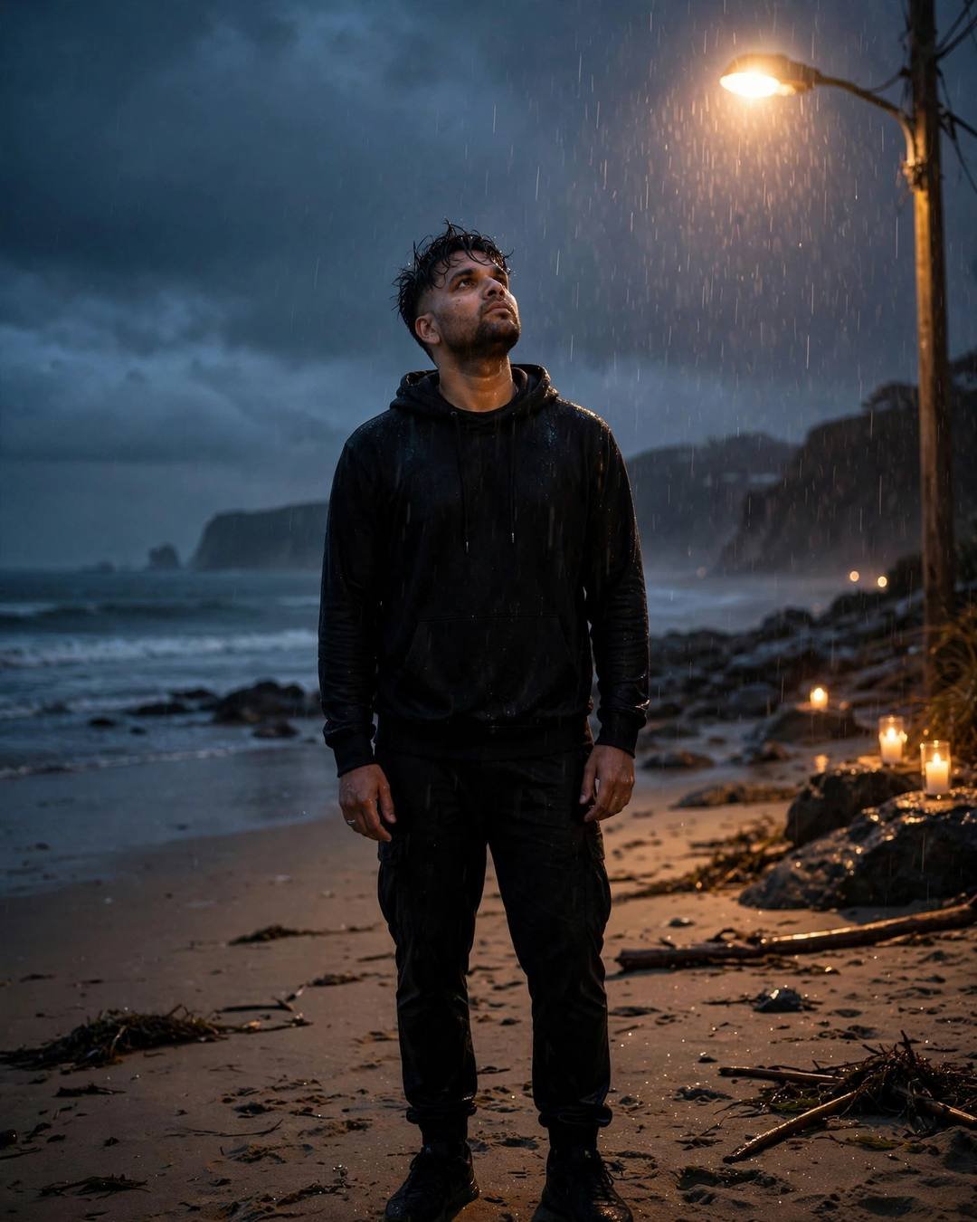 Young Indian man in all-black streetwear with face lifted to the rain under a streetlamp on a beach at dusk, candles burning nearby