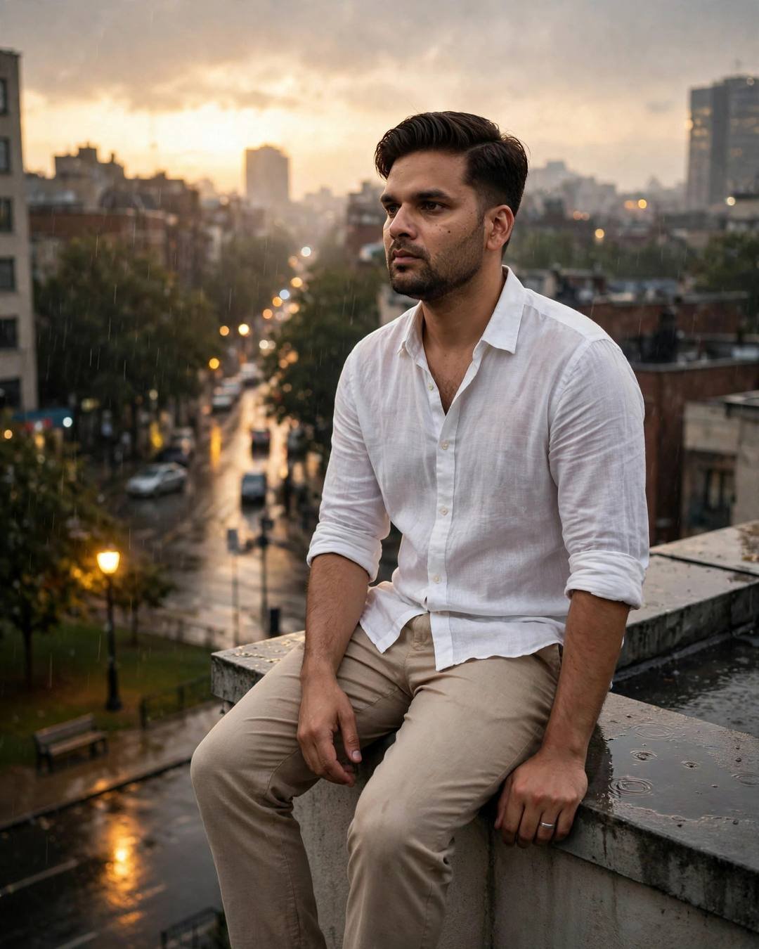 Young Indian man in a white linen shirt sitting on a rooftop ledge at golden hour overlooking a rain-washed city street