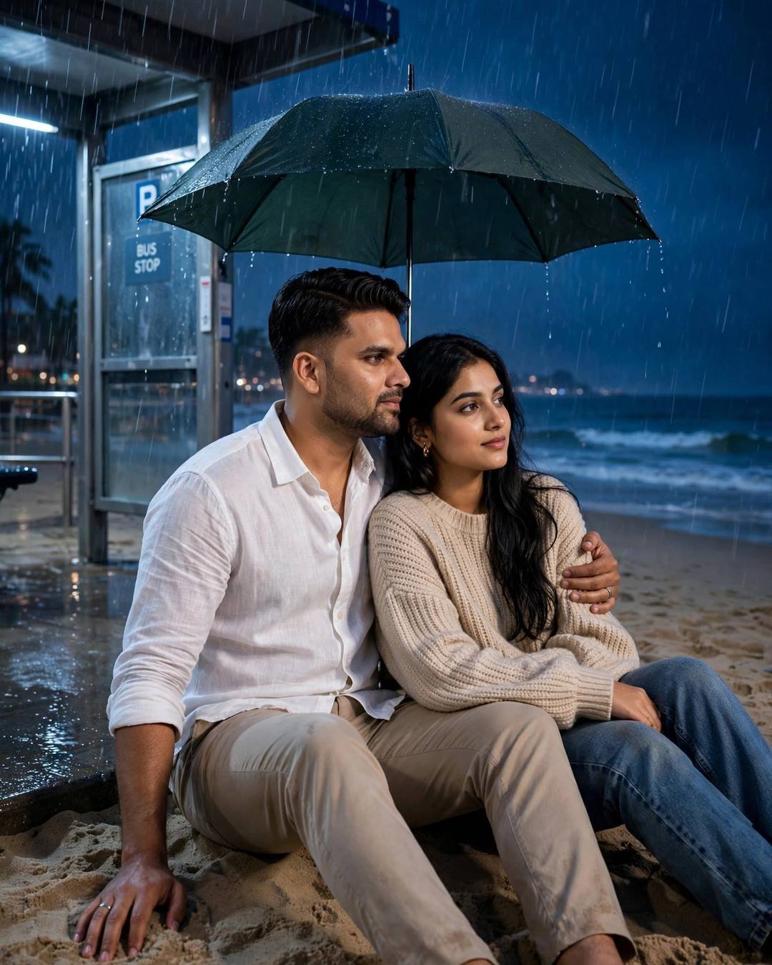 Couple under one umbrella at a beachside bus stop at midnight in the rain, man in white linen shirt, woman in beige sweater, blue-hour glow