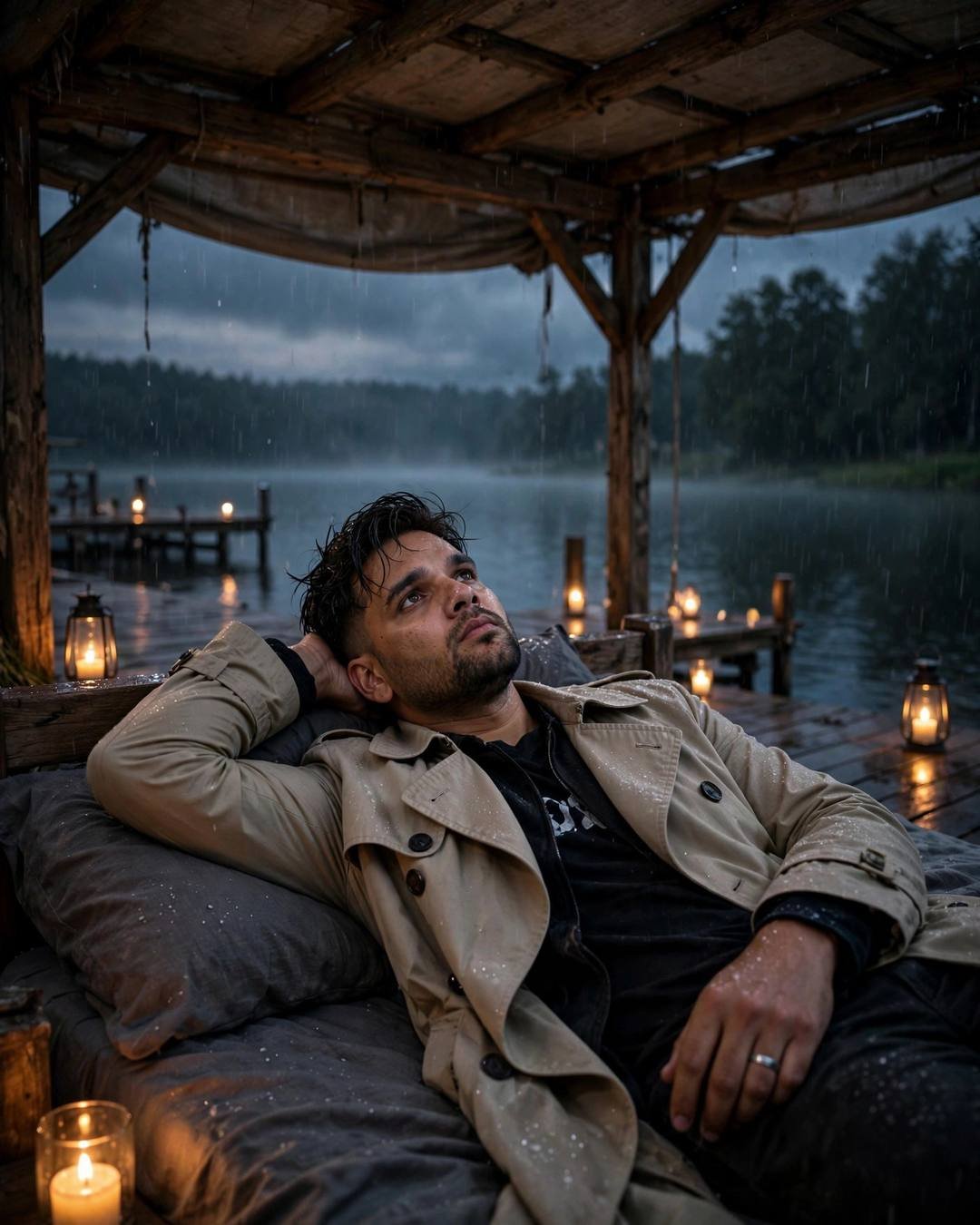 Young Indian man in a beige trench coat reclining by a rainy lake at night, arm behind head, candles and lanterns glowing