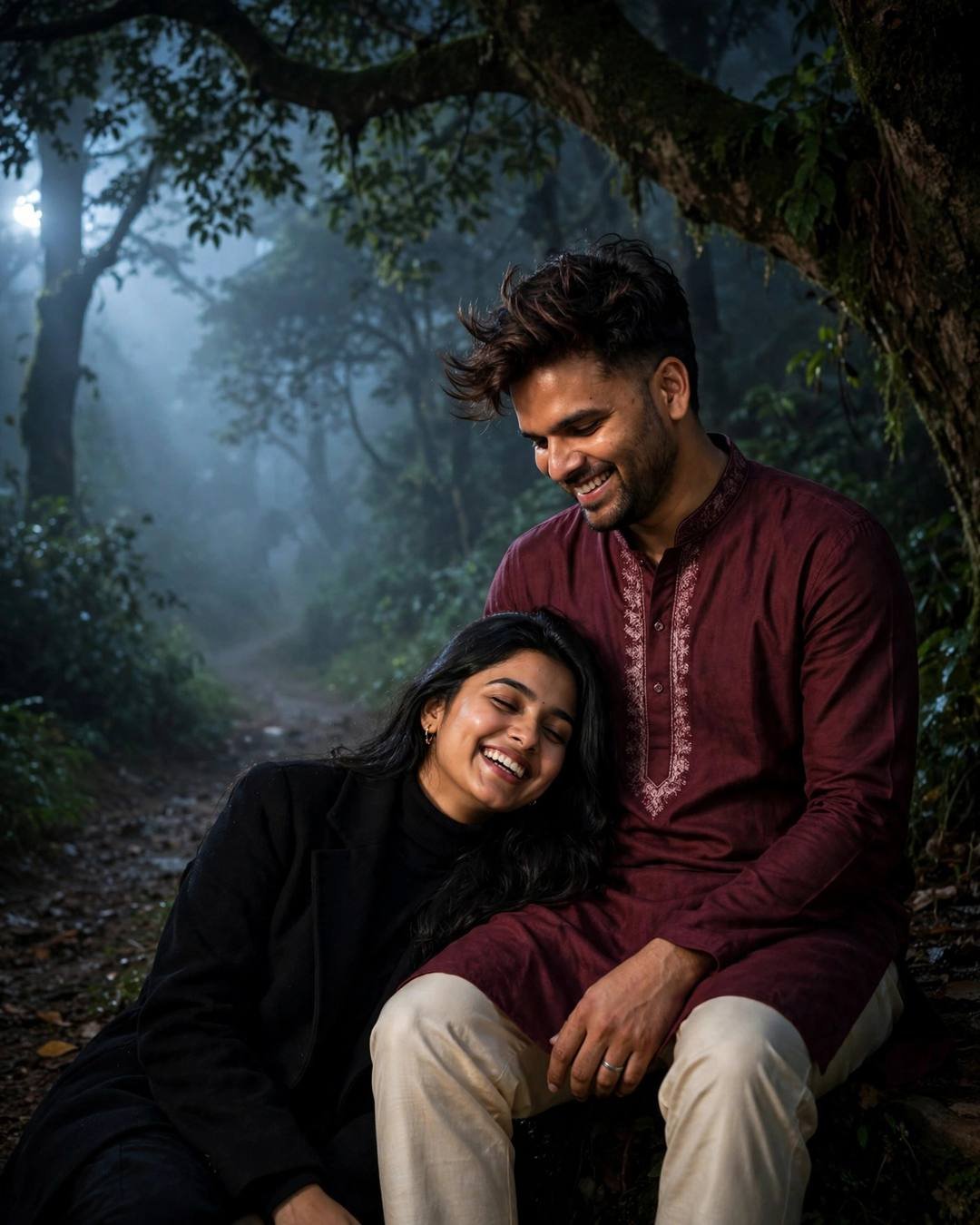 Laughing couple seated under trees in midnight forest fog with dramatic side light
