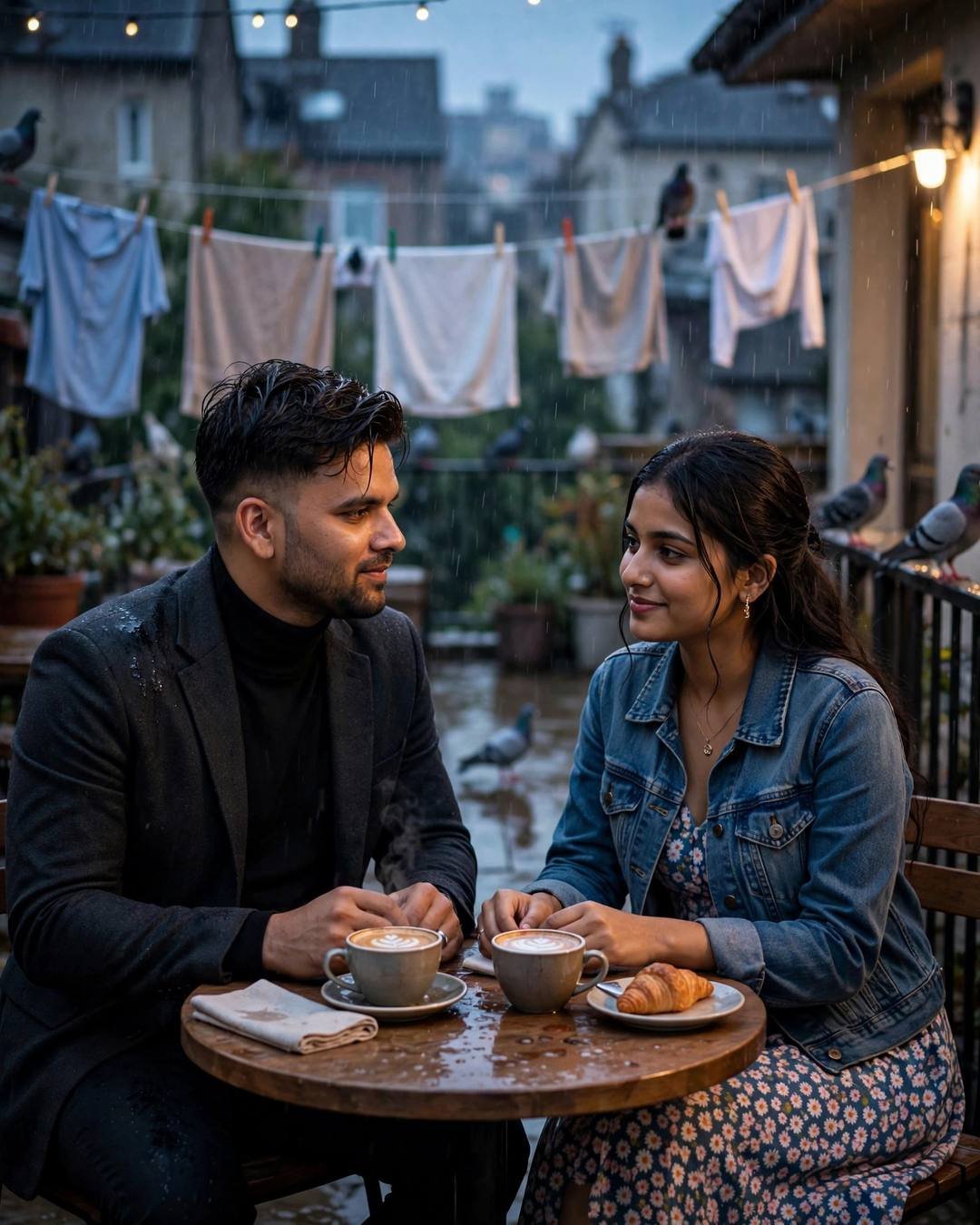 Couple sharing coffee at a small table on a rainy terrace with clothes lines and pigeons