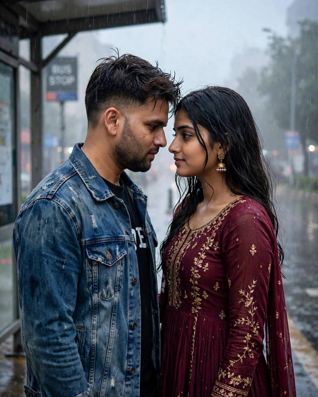 Couple with foreheads touching at a rainy bus stop, her in maroon anarkali with jhumkas