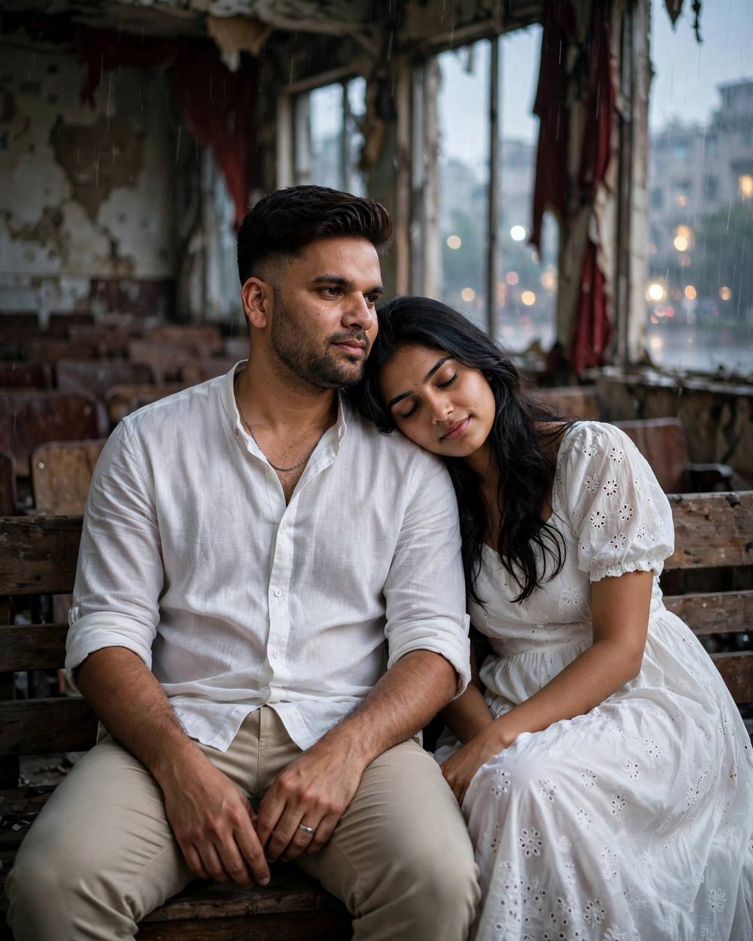 Indian couple sitting close on a bench in an abandoned cinema hall, her head on his shoulder