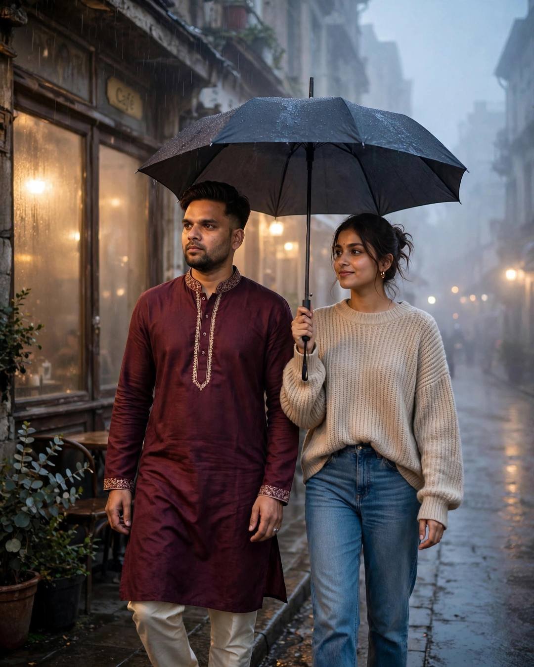 Indian couple walking under one umbrella past an old cafe in the rain
