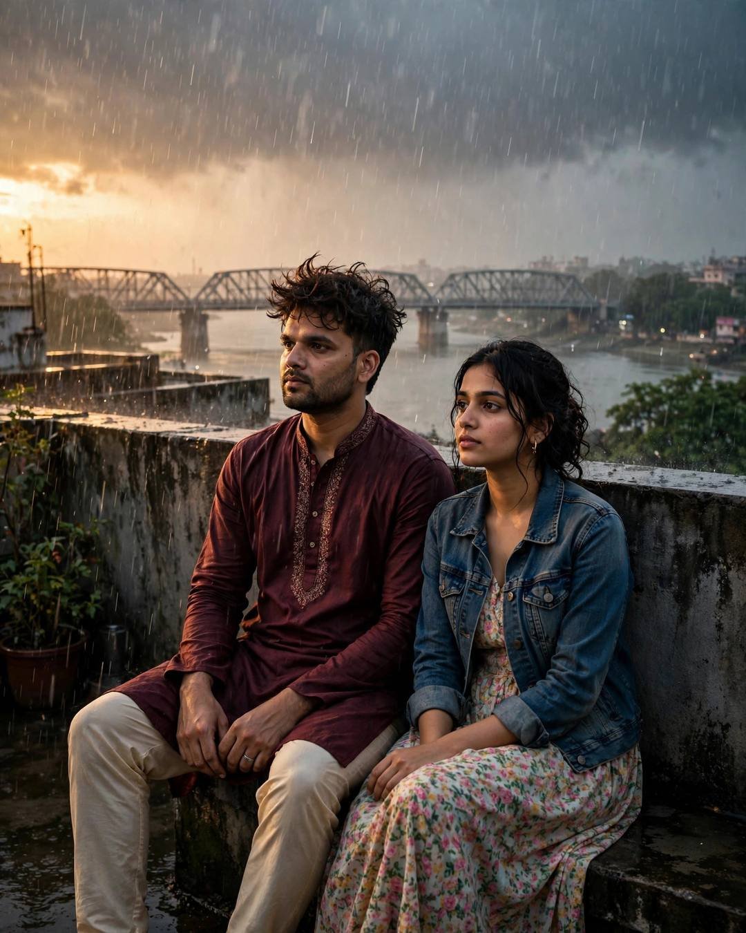 Indian couple sitting close on a rainy rooftop above a river bridge at sunset