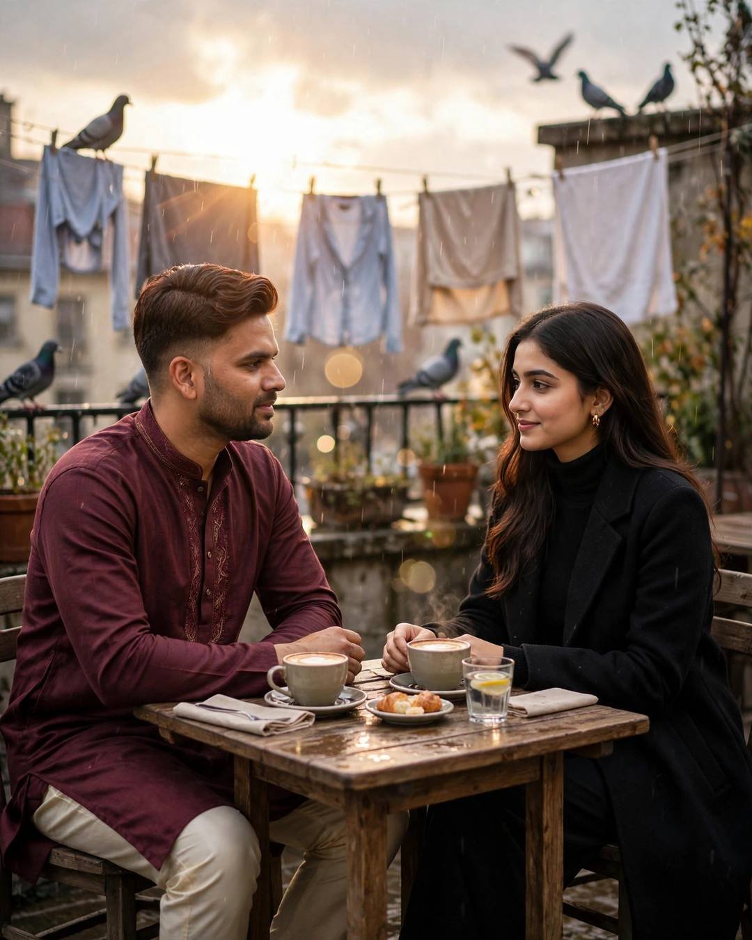 Indian couple sharing coffee on a rainy terrace at golden hour with pigeons