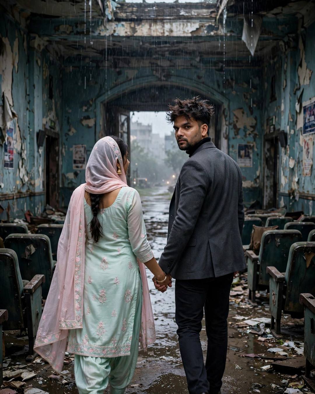 Couple walking hand in hand away through an abandoned cinema hall in the rain, man in charcoal blazer, woman in pastel salwar-kameez with dupatta
