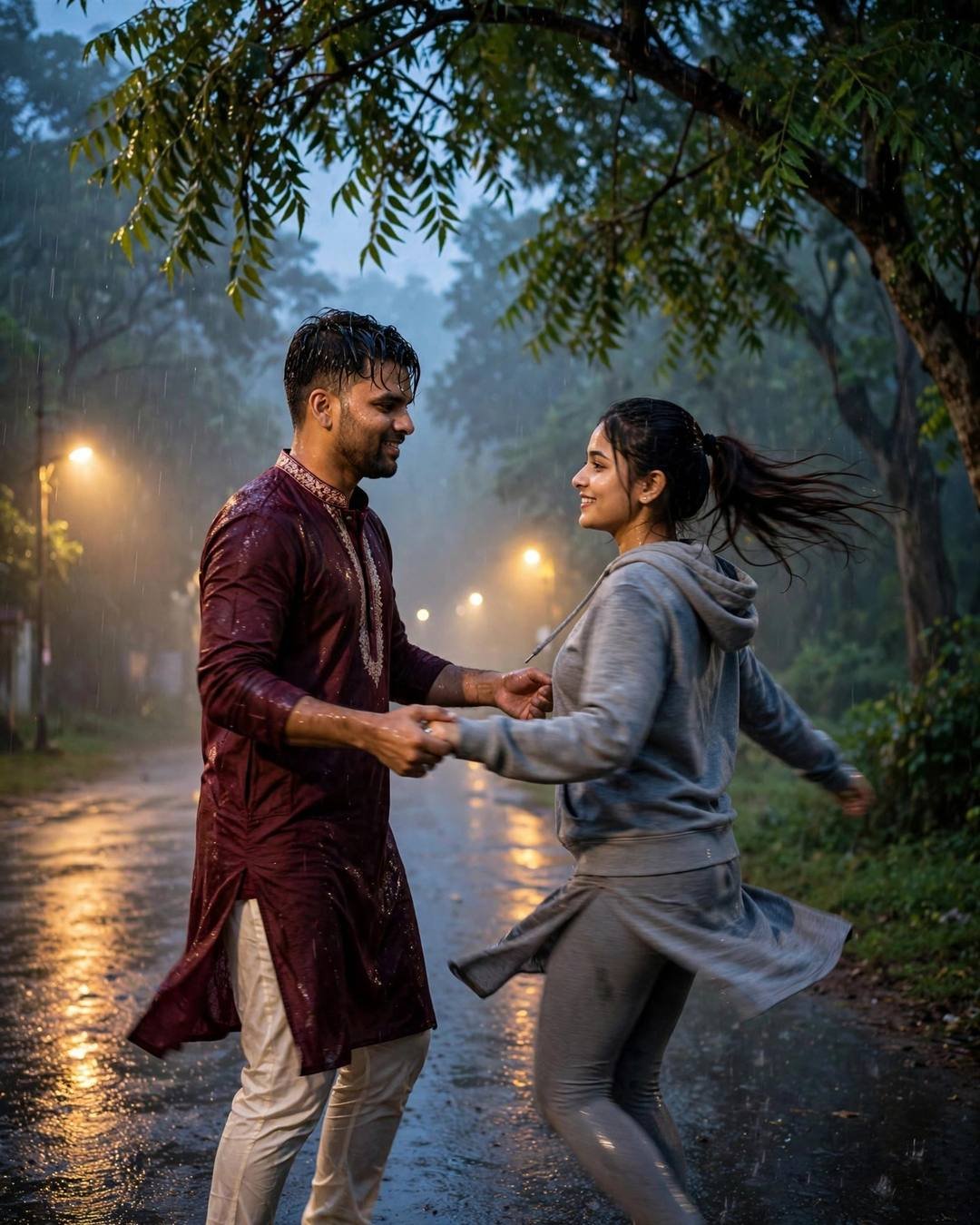 Couple dancing a slow twirl under a neem tree in the rain at blue hour, man in wet maroon kurta, woman in grey hoodie with hair flying, streetlights and misty forest