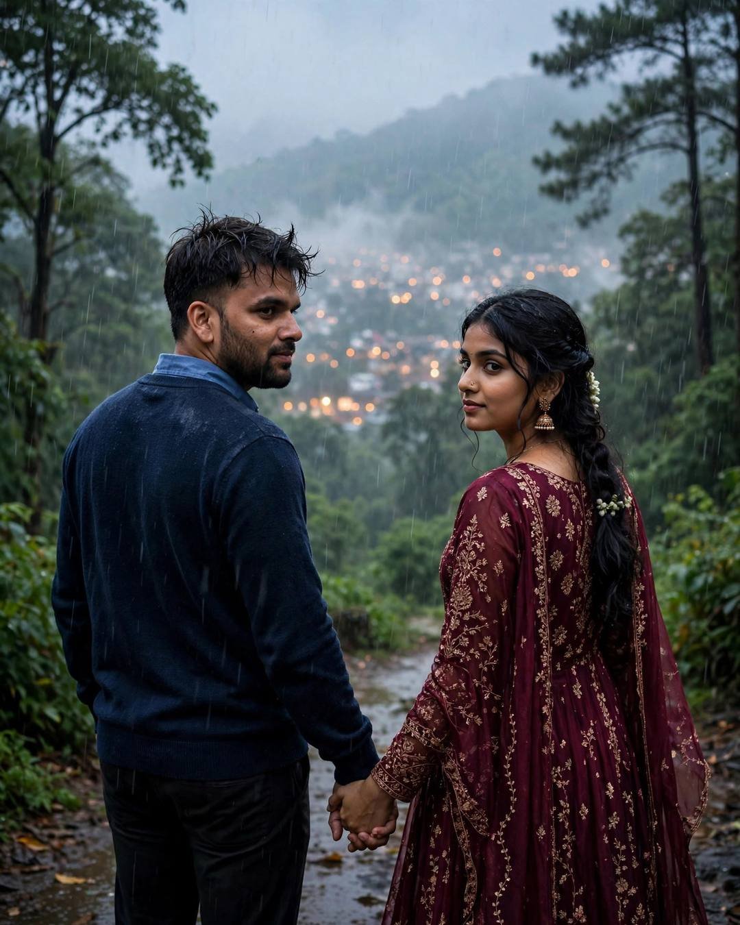 Couple walking hand in hand on a misty forest path in monsoon rain looking back at the camera, man in navy sweater, woman in maroon anarkali