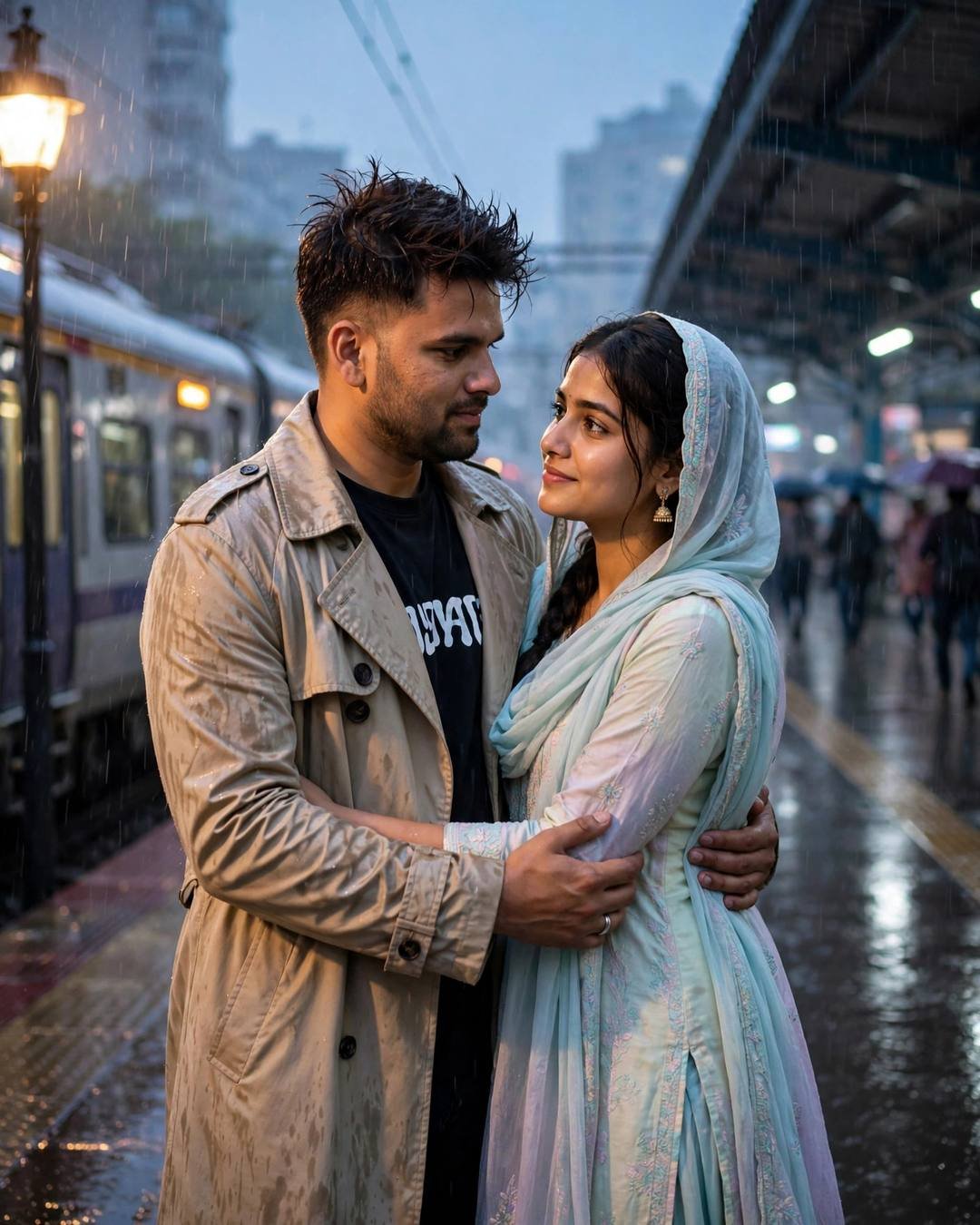 Couple embracing on a rainy railway platform at blue hour as a train waits, man in beige trench coat, woman in pastel salwar-kameez with dupatta