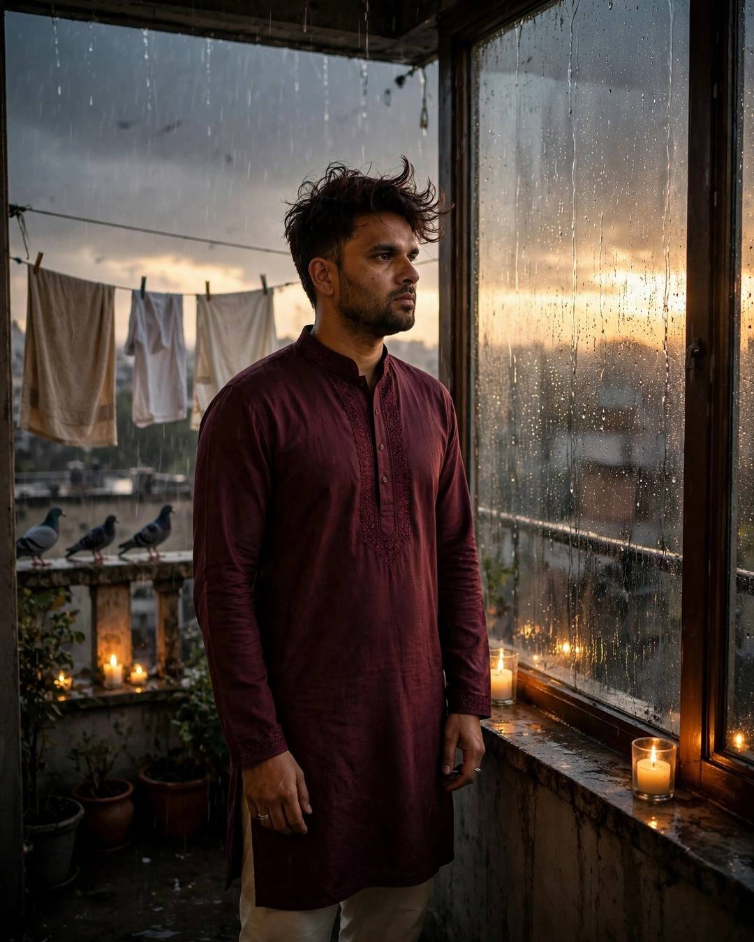 Man in maroon kurta at a rain-streaked window on a candlelit terrace with pigeons