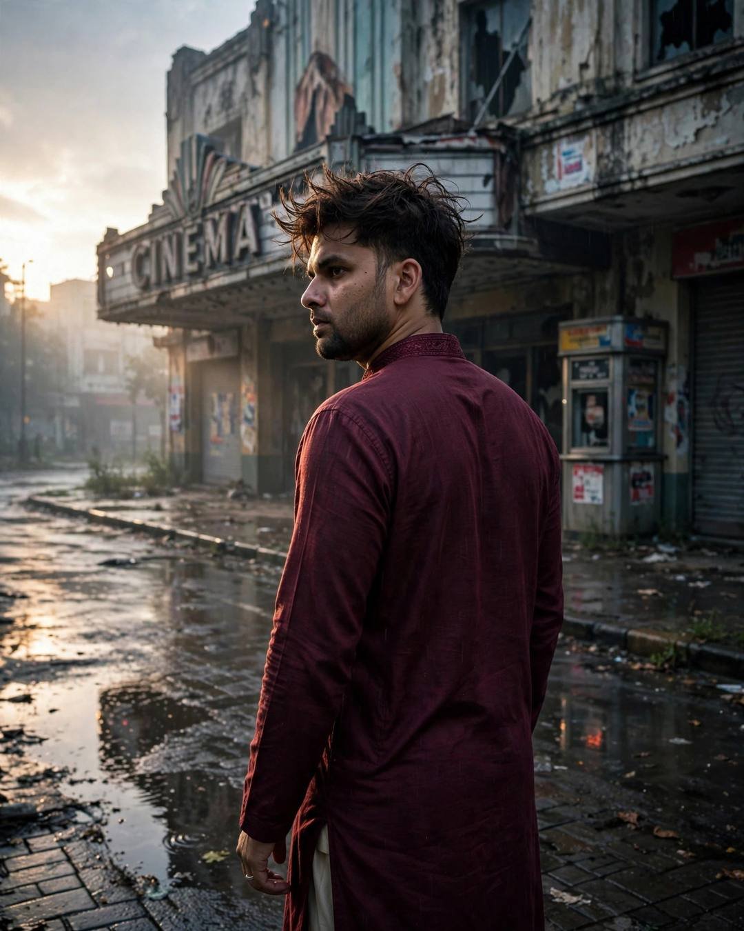 Man in maroon kurta looking back over his shoulder at an abandoned cinema hall at dawn
