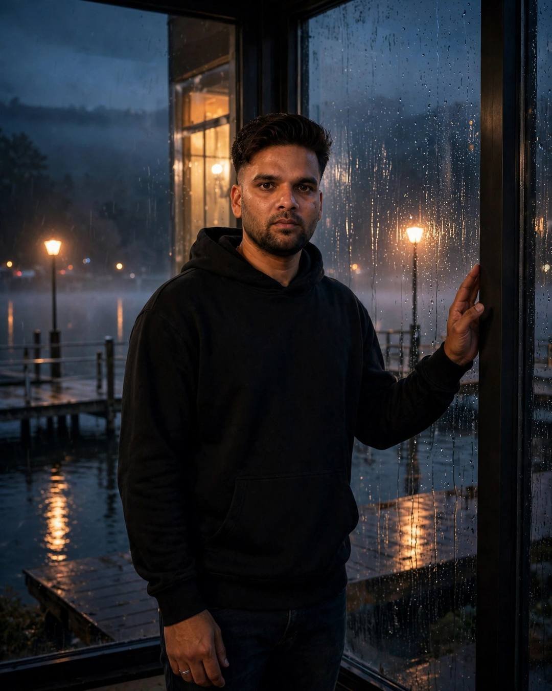 Sad young Indian man in black hoodie at a rain-streaked window by a lake pier at dawn