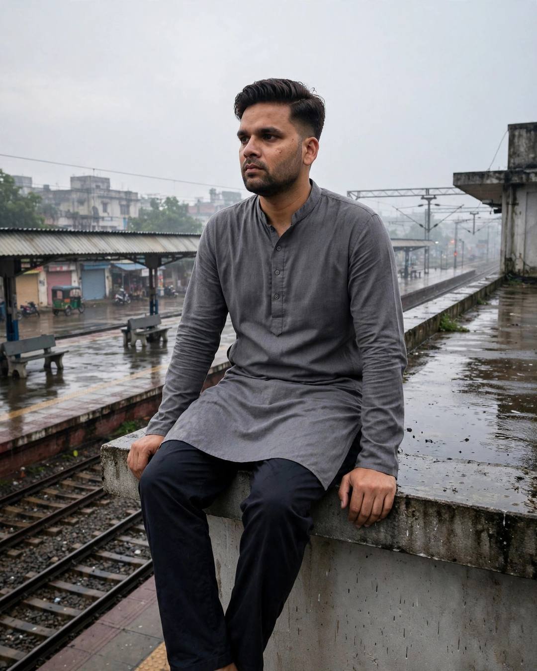 Lonely young Indian man in grey kurta sitting on a railway platform ledge on a rainy morning