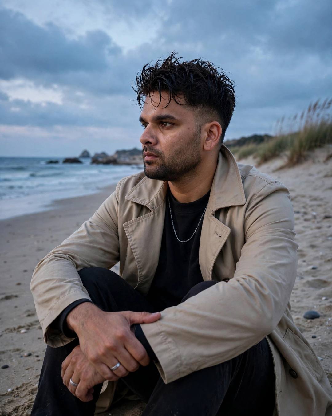 Young Indian man in beige trench coat sitting alone on a deserted beach at dusk