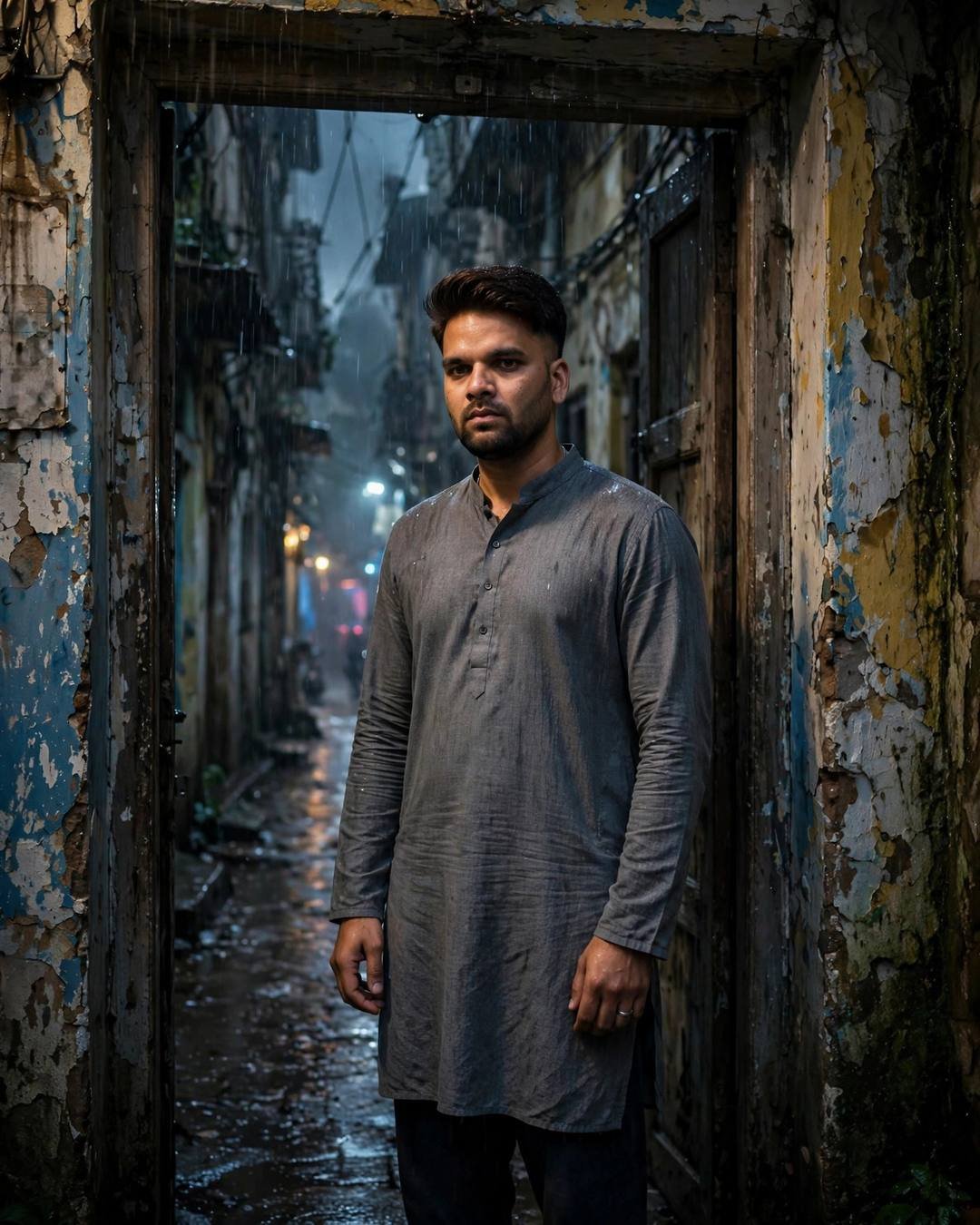 Young Indian man in grey kurta standing in a rainy old-city doorway at midnight