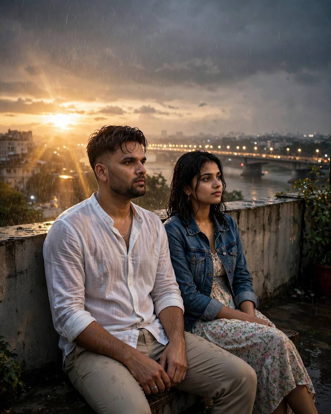 Indian couple sitting close on a rainy rooftop at sunset overlooking a river bridge