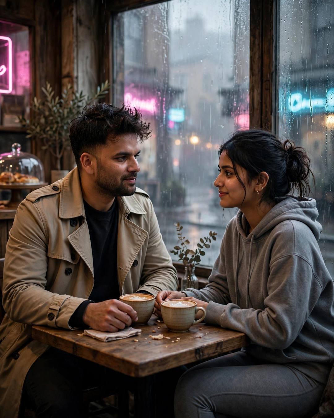 Indian couple at a small cafe table by a rainy window, two untouched coffees between them