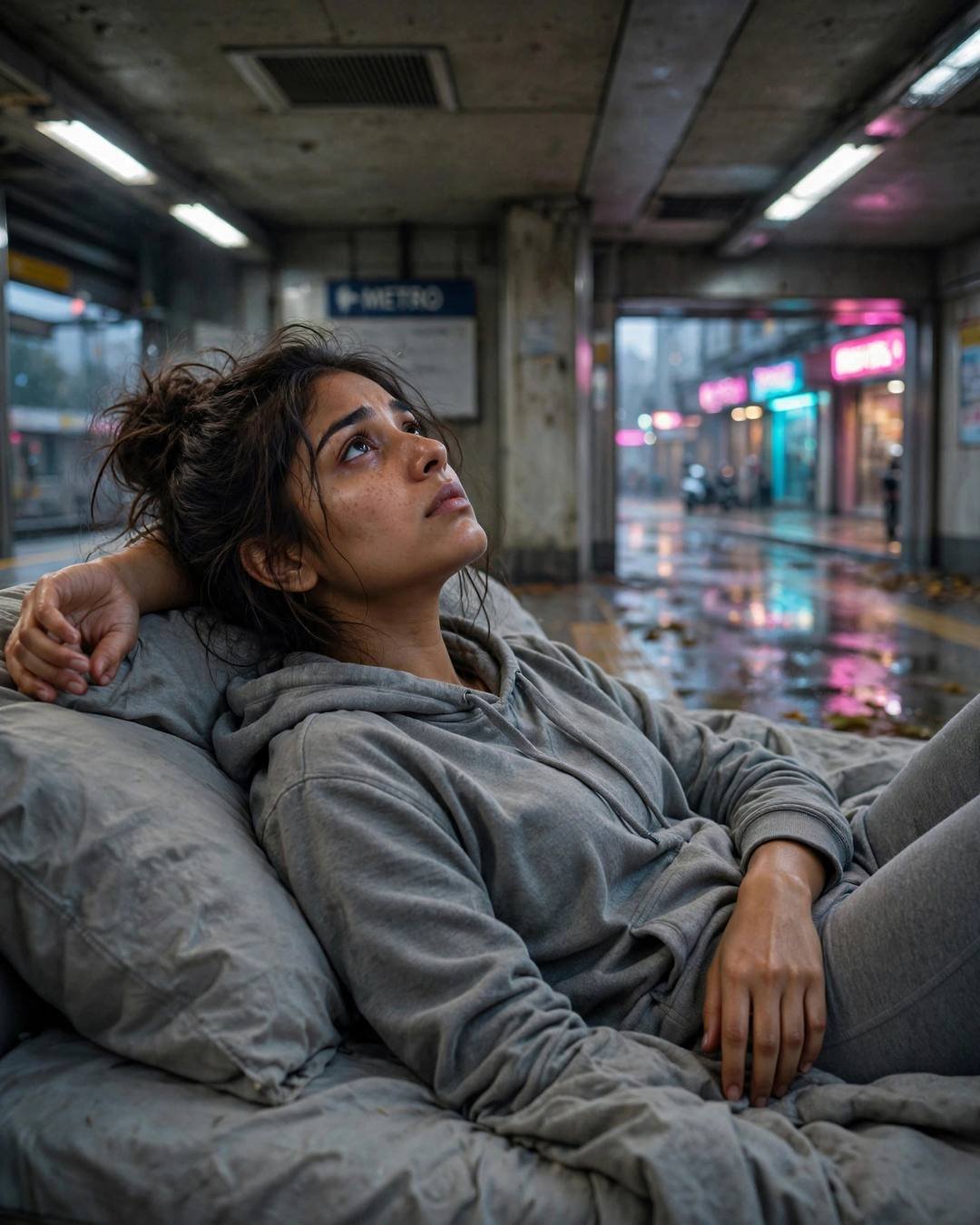 Young Indian woman in grey hoodie resting at a rainy metro station at dawn