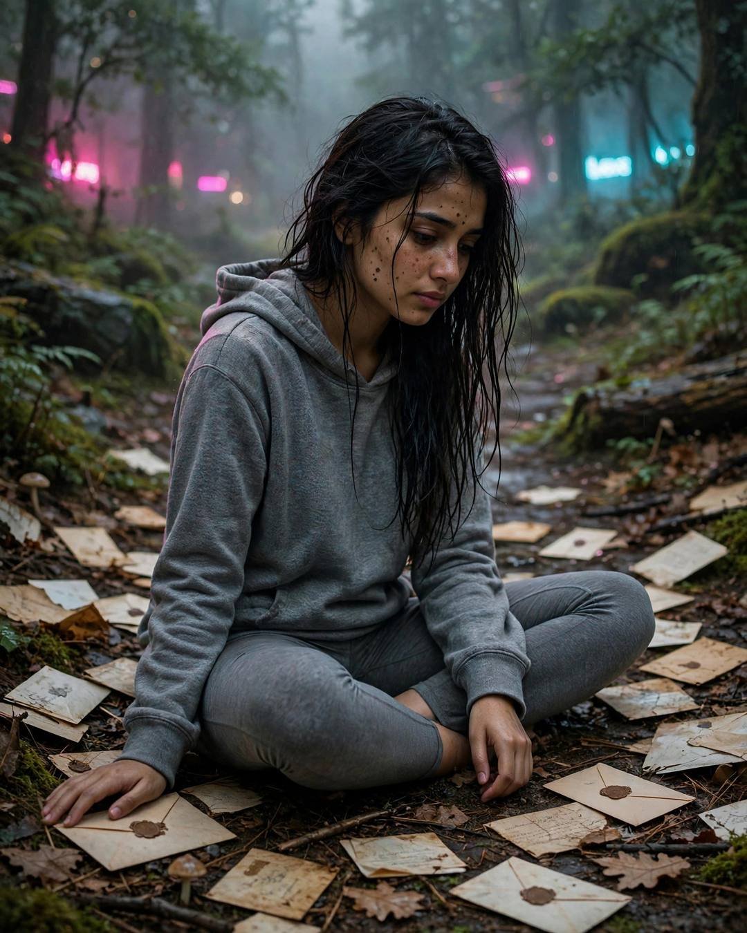 Young Indian woman in grey hoodie sitting among old letters on a misty forest path