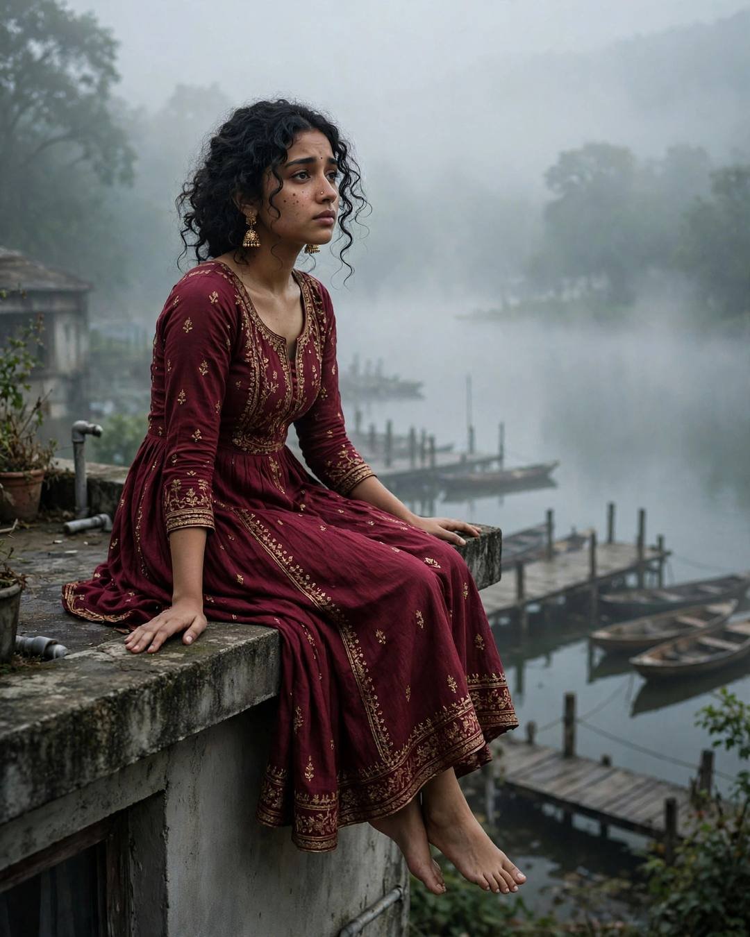 Young Indian woman in maroon anarkali sitting on a rooftop ledge above a misty lake at dawn