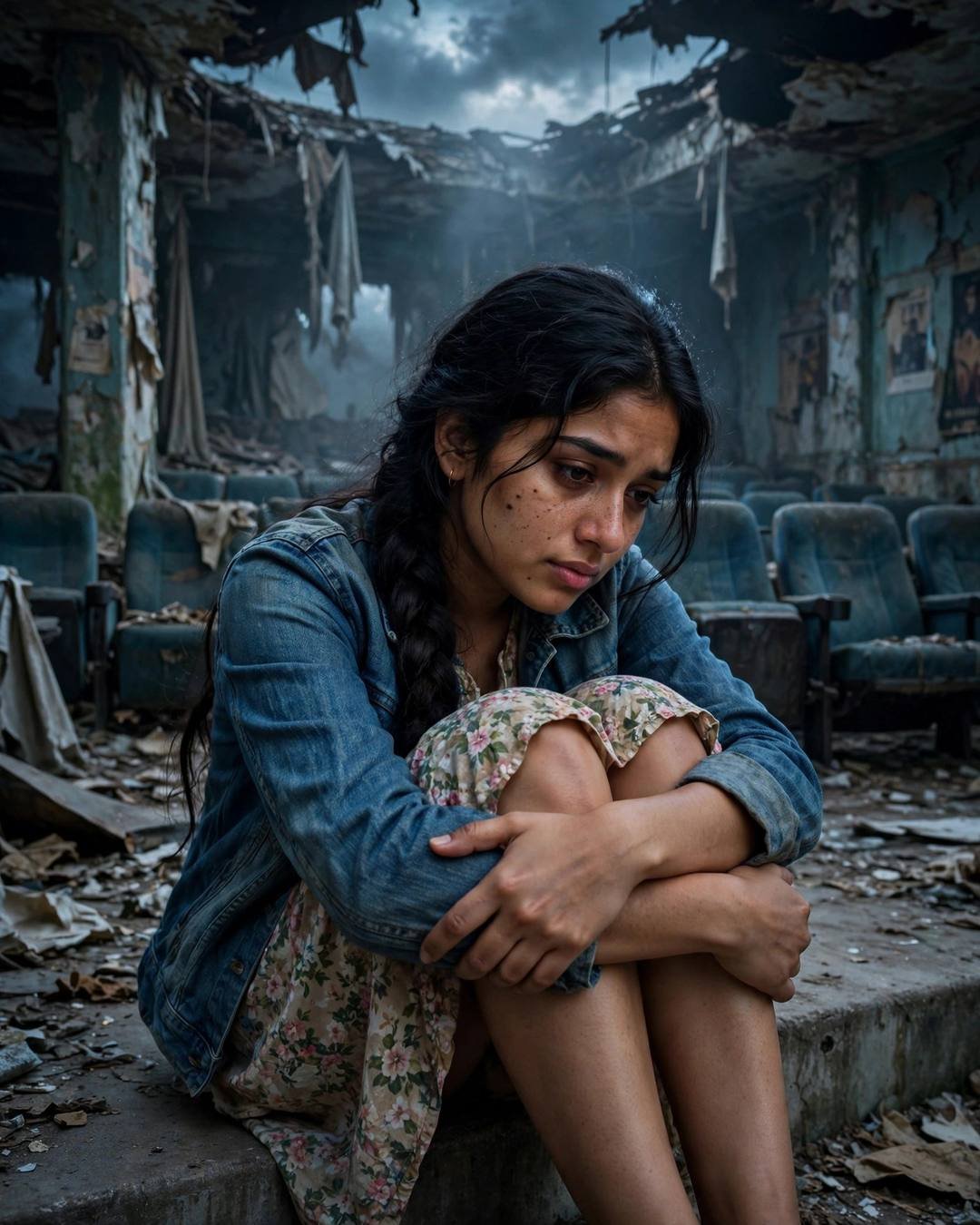 Young Indian woman in denim jacket sitting alone in an abandoned cinema hall