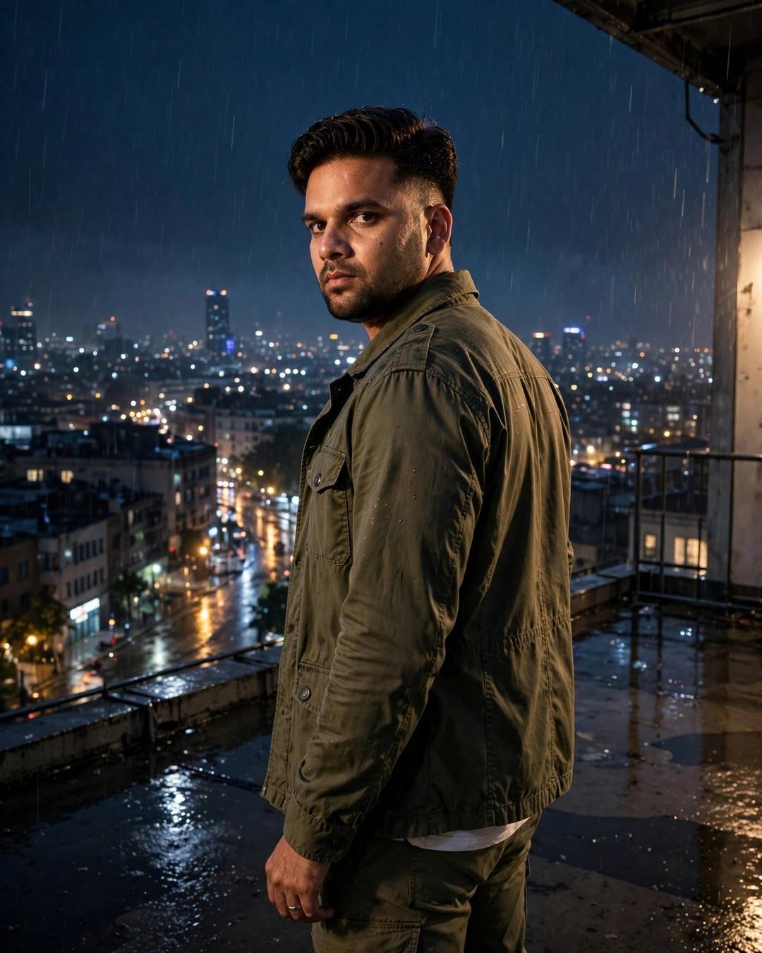 Young Indian man in an olive field jacket looking over his shoulder on a wet rooftop above sleeping city lights at midnight