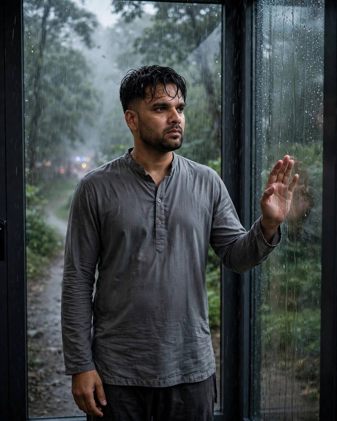 Young Indian man in a grey kurta with rain-wet hair, hand on rain-streaked glass before a misty forest path in monsoon rain