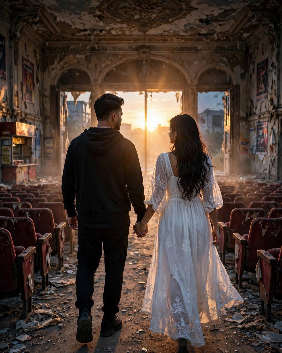 Couple walking hand in hand through an abandoned cinema hall toward golden sunlight