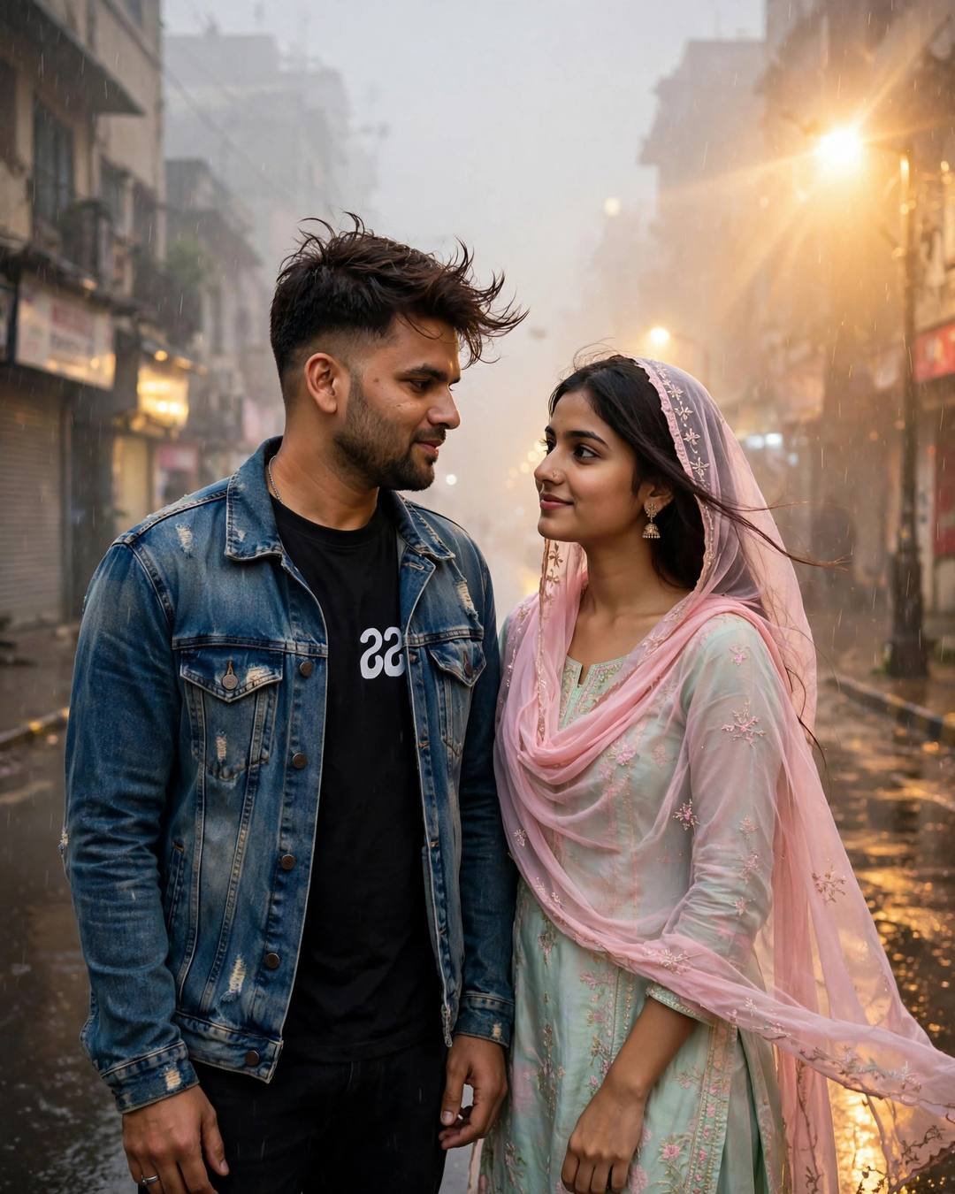 Young couple gazing at each other on a rainy foggy street