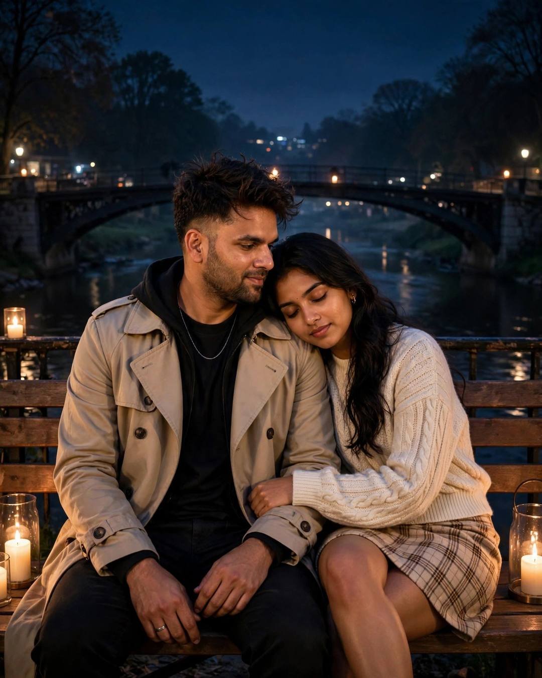 Couple sitting close on a riverside bench at midnight, her head resting on his shoulder, bridge lights behind them