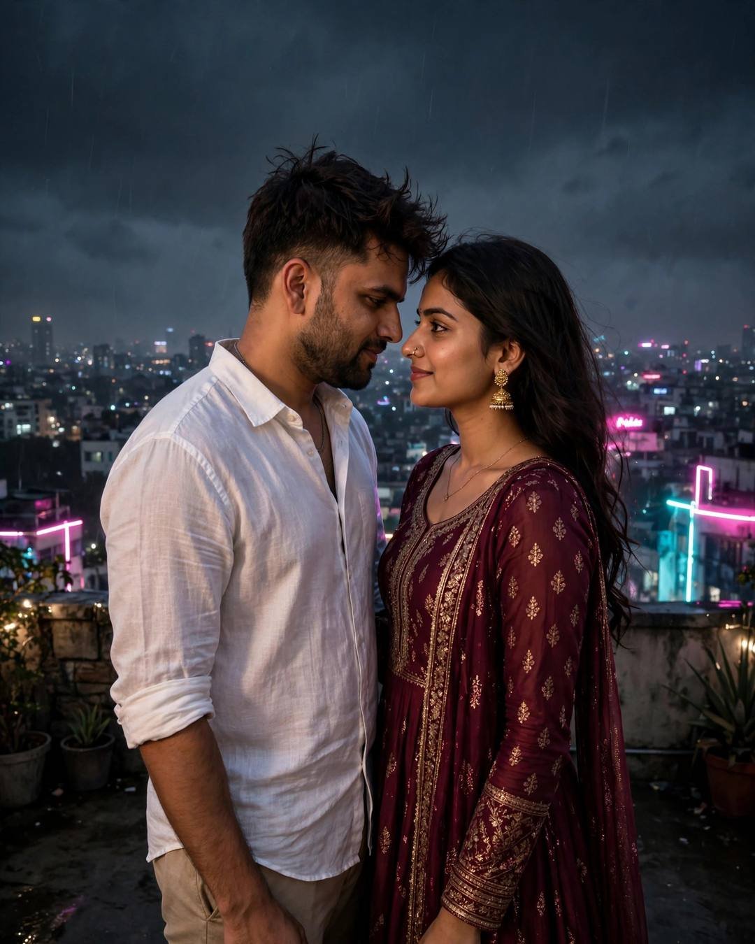 Couple with foreheads almost touching on a neon-lit rooftop at midnight