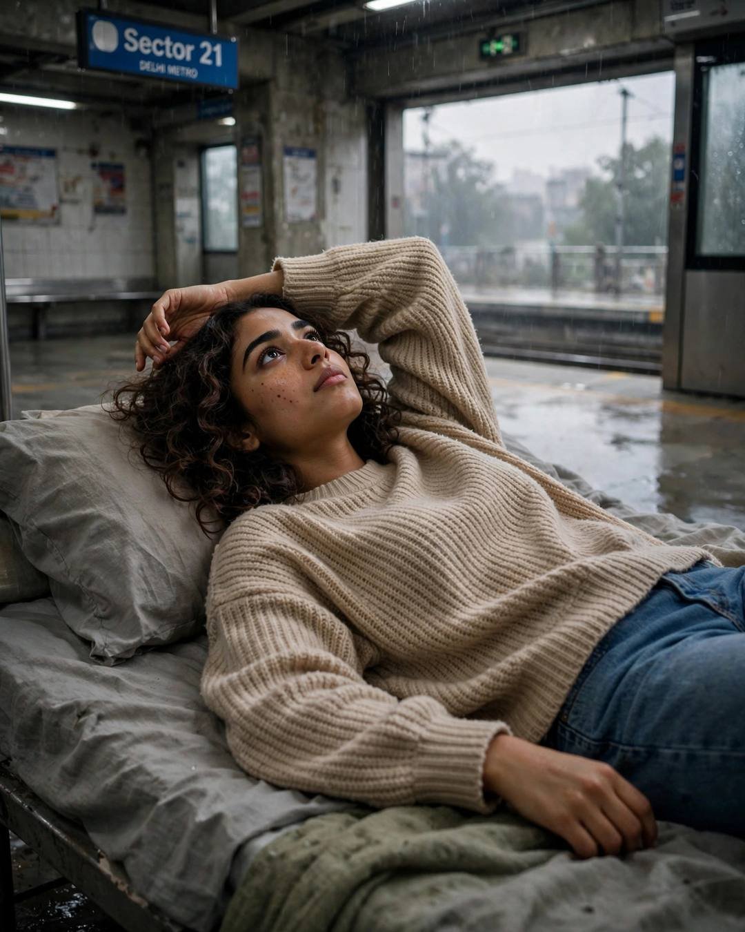 Young woman in beige sweater reclining on a metro platform, waiting