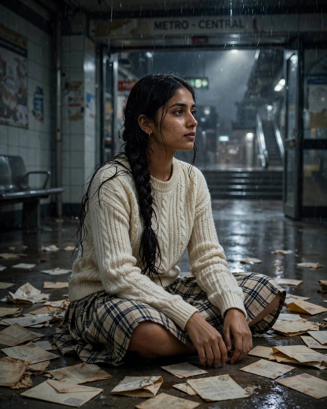 Young Indian woman with a long braid sitting cross-legged among old letters in an empty metro station at night