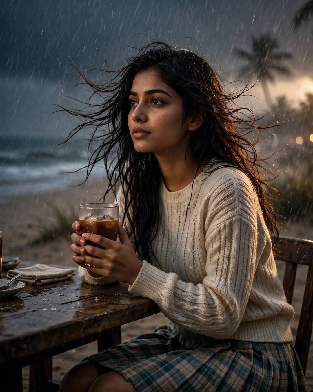 Young woman with windblown hair holding coffee at a rainy beach table at dusk