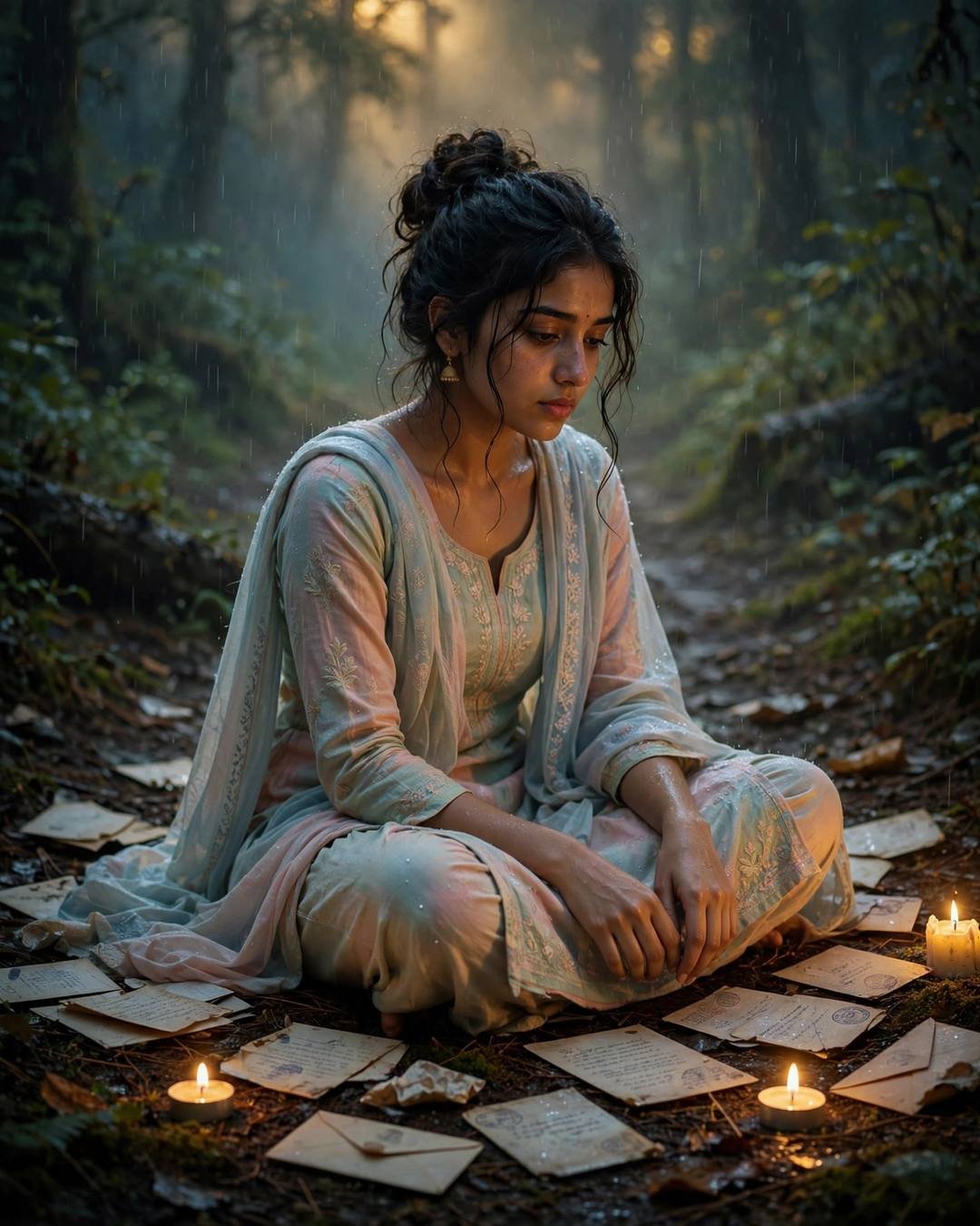 Young woman in pastel salwar-kameez sitting among old letters and candles in a forest
