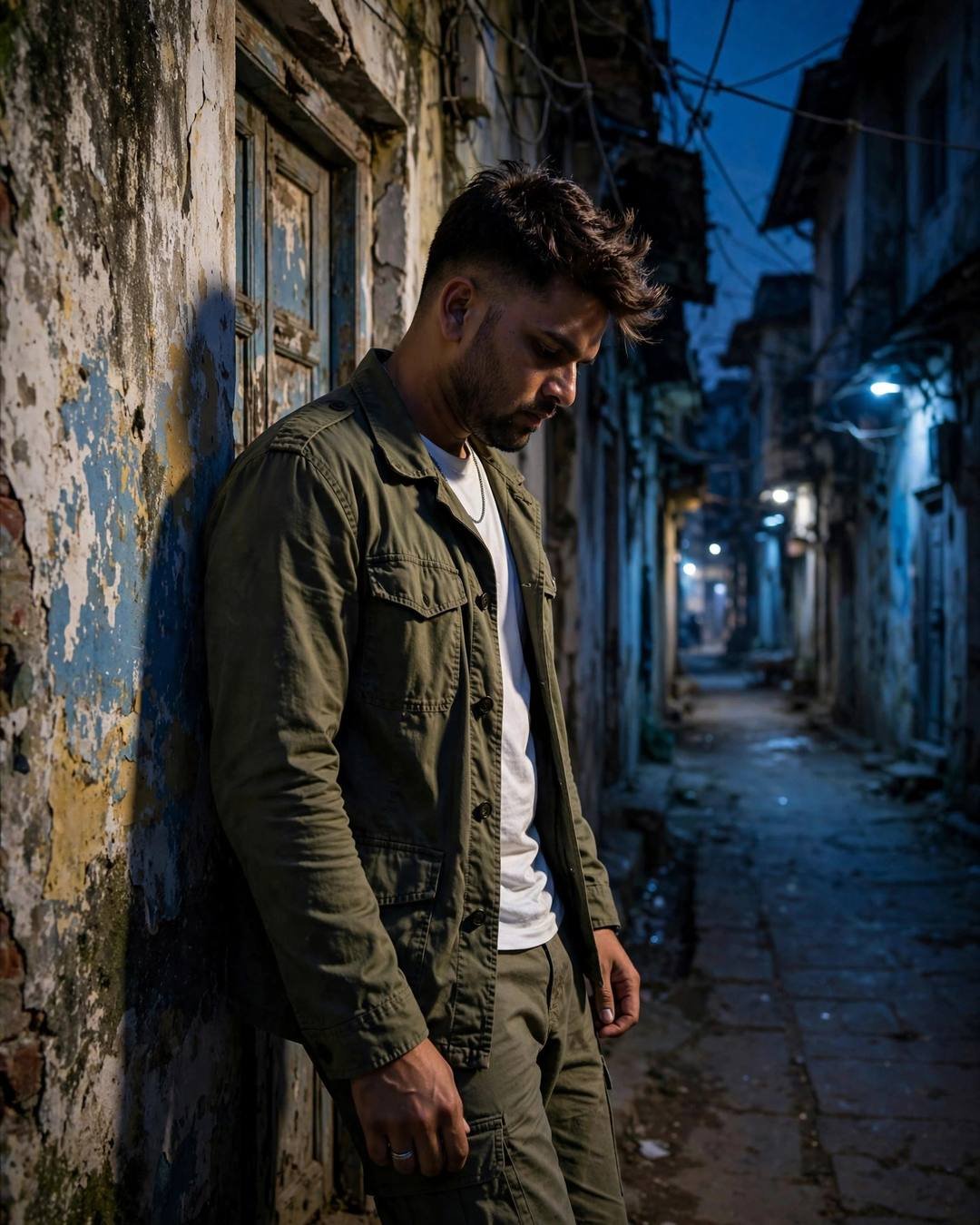 Young Indian man in olive field jacket leaning against a peeling blue wall in an old-city lane at blue hour, head tilted down