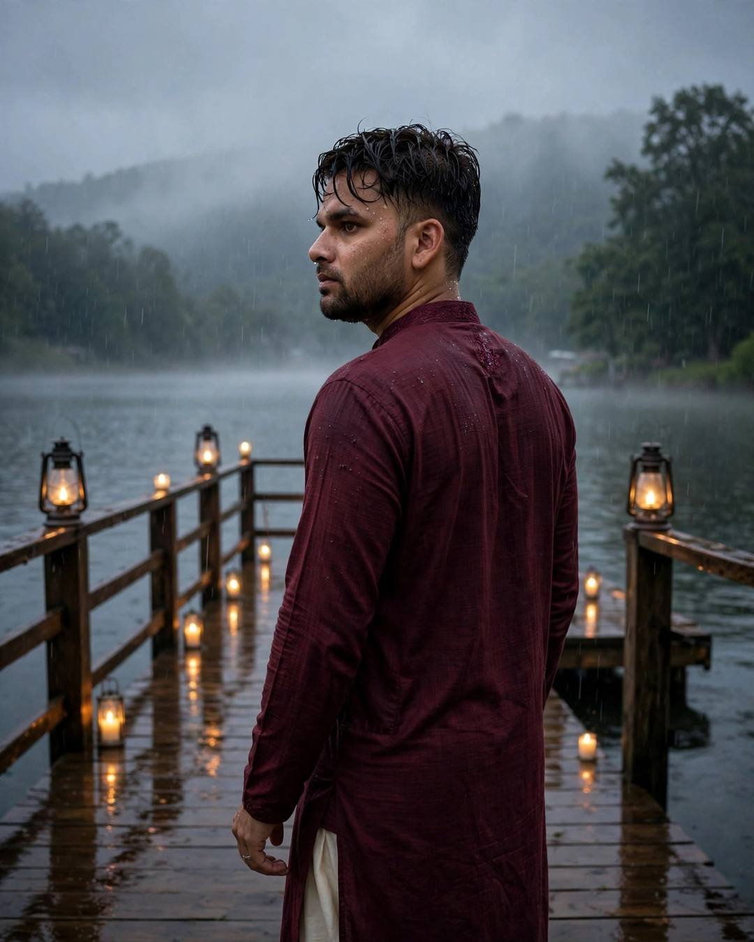 Young Indian man in maroon kurta on a lantern-lit wooden pier by a misty lake in the rain, looking over his shoulder