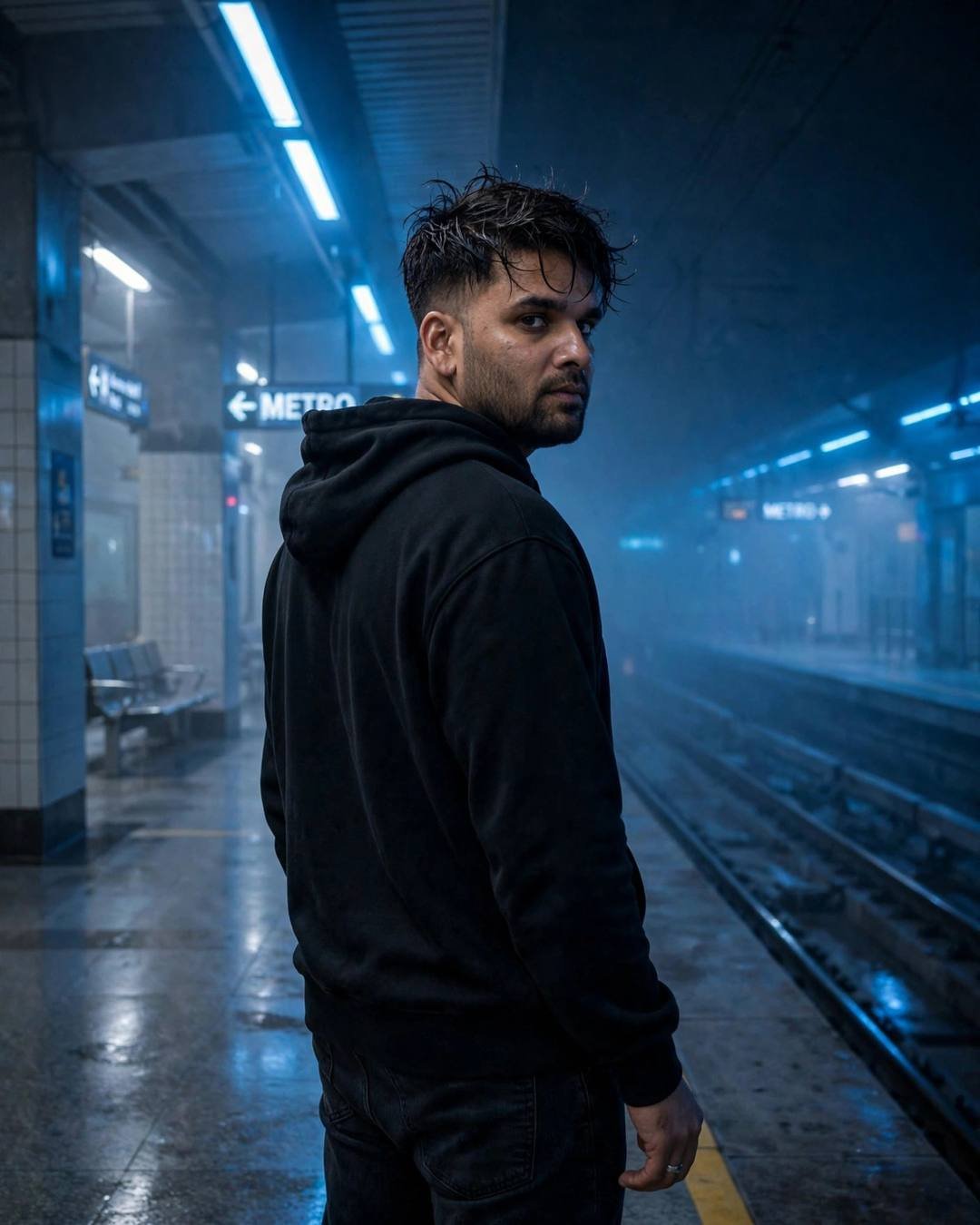 Young Indian man in black oversized hoodie on a foggy midnight metro station platform, looking back over his shoulder