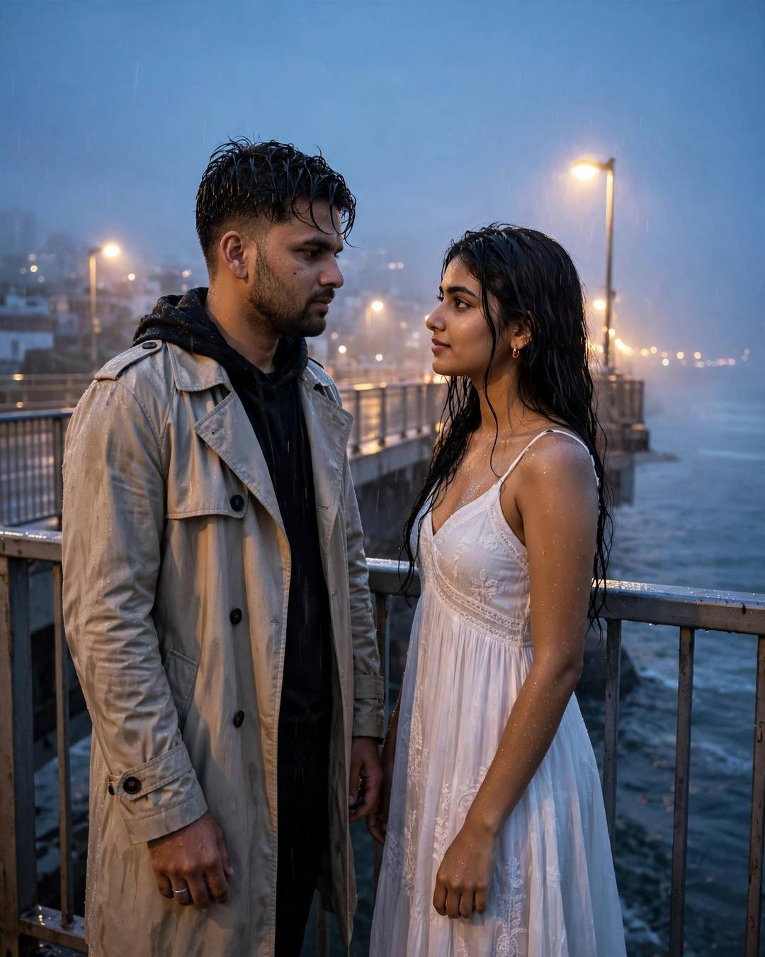 Young Indian couple standing close on a bridge by the sea in the rain, man in beige trench coat, woman in white dress